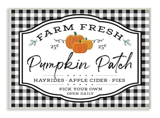 Stupell Industries Farm Fresh Pumpkin Patch Sign Black Checkered Plaid Wood Wall Plaque